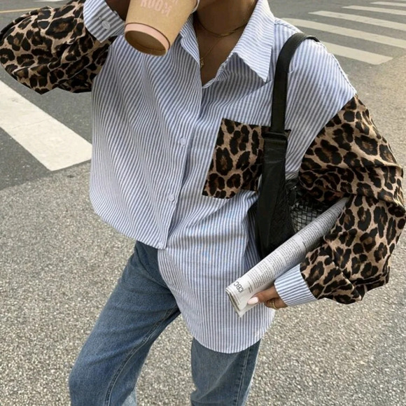 Tops - Women Leopard Patchwork Striped Long Sleeve Casual Blouse,Simple Retro Blouses
